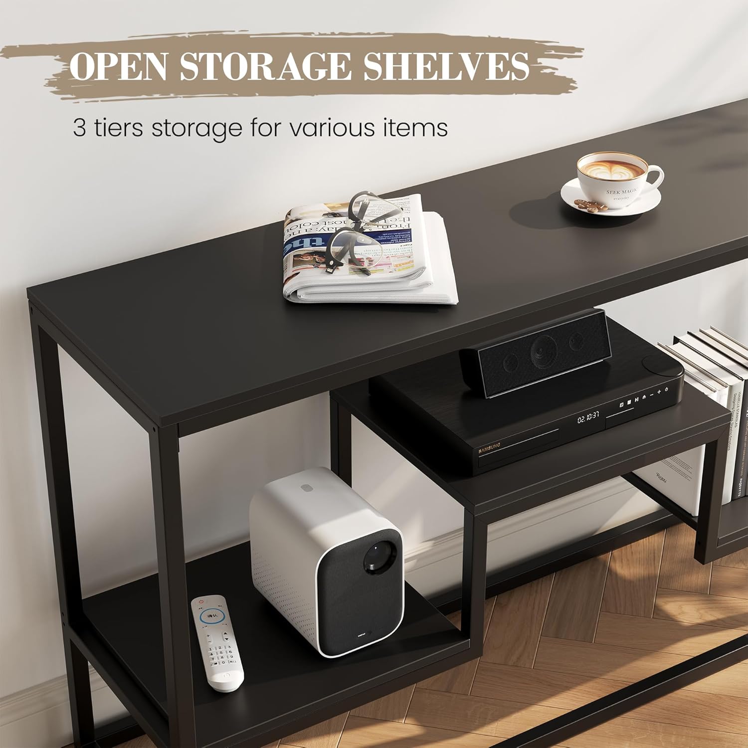 YOUDENOVA TV Stand for TVs up to 65 Inch, TV Console Table with 3-Tier Open Storage Shelves, Modern Industrial Entertainment Center for Living Room, Bedroom, Black