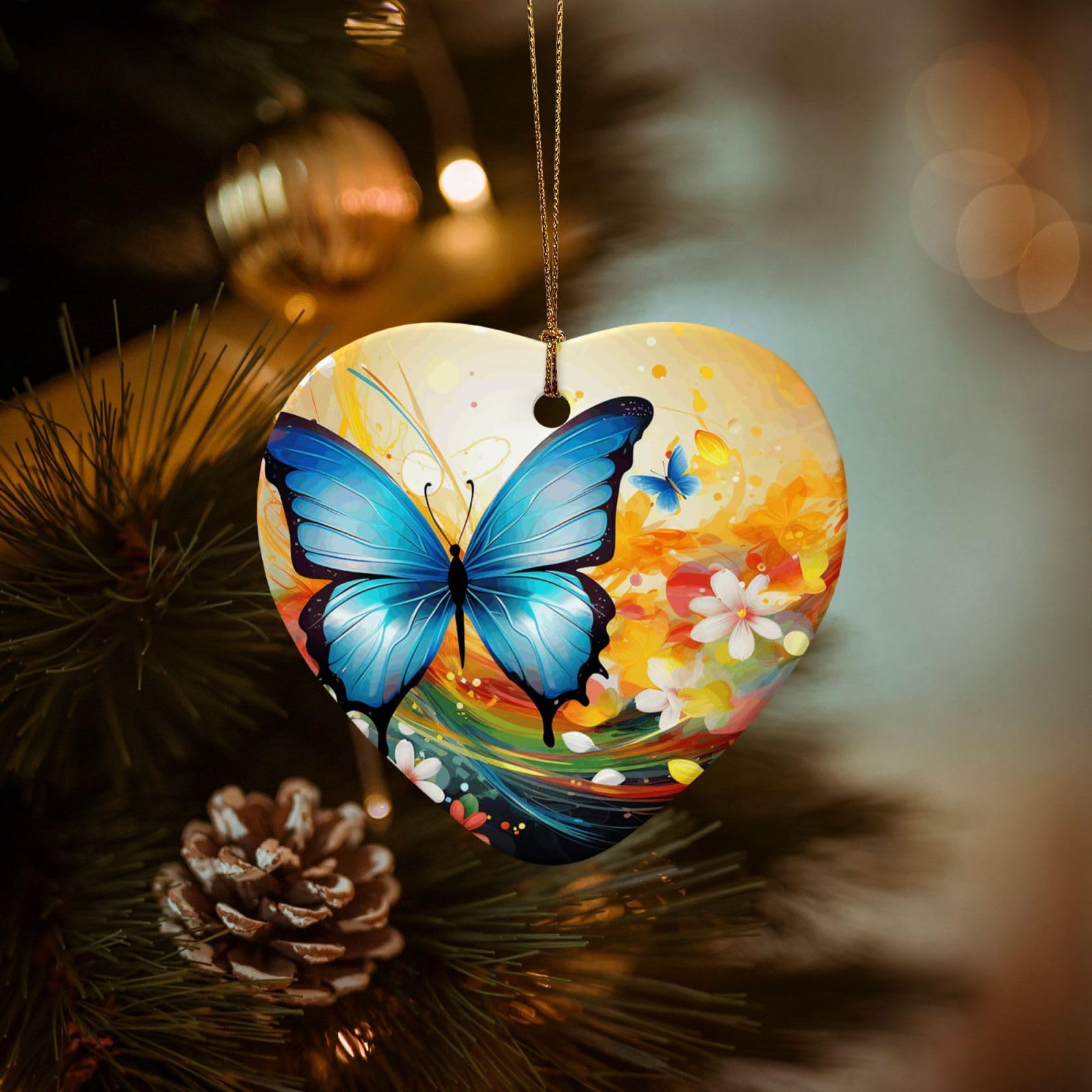 Christmas Ornaments for Christmas Tree Decoration Hanging Colorful with Butterfly Ornament with Gold Ribbon Crafts Heart Shape Ceramic Pendant for Keepsake Gifts Xmas Decor Party Supplies