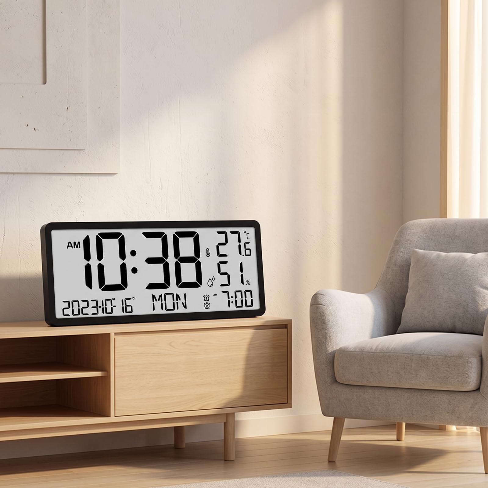 Reloj Pared Digital Fácil Lectura Reloj Digital Pared Multifuncional para Salón, Dormitorio, Negro, 8303Y01 Versión En Inglés