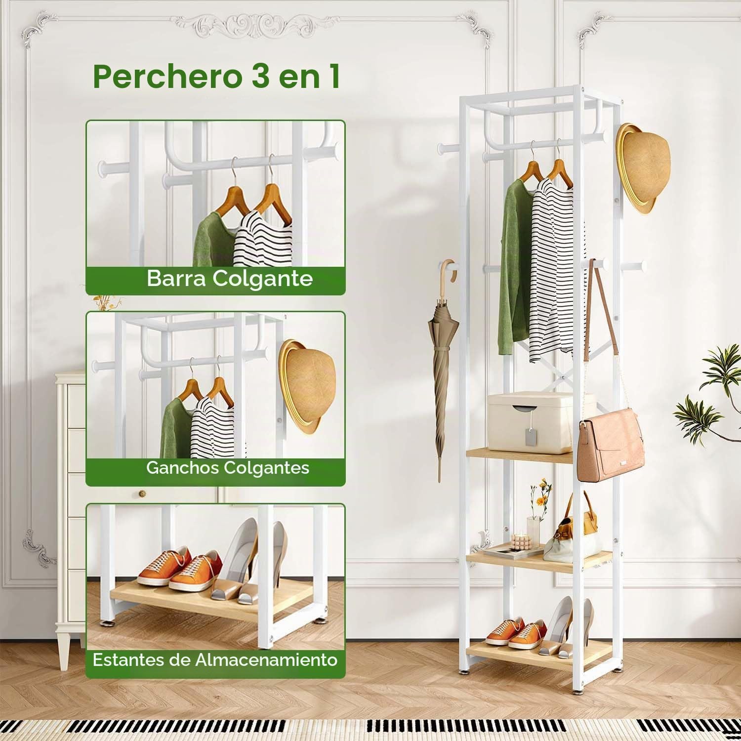 IBUYKE Perchero, Perchero independiente con 3 estantes y 8 ganchos, Perchero industrial de ropa para entrada, pasillo, dormitorio, 180 x 40 x 30 cm, color natural y blanco TMJ088R