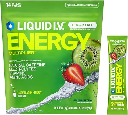 Liquid I.V. Multiplicador de hidratación sin azúcar + energía, fresa y kiwi, mezcla de bebida en polvo con electrolitos, 1 paquete (14 porciones)