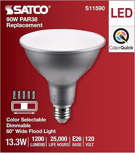 Miniatura 4 de Satco S11590 13.3 Watt PAR38 LED Medium Base Silver Finish CCT Selectable 120 Volt 60 Degree Beam Angle 13.3PAR38LED5CCTWFL120V for Office, Store,