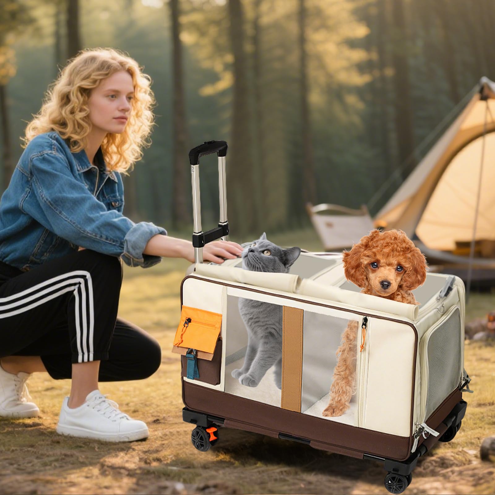 PETCUTE Haustier-Transporttasche mit Zwei Fächern und Abnehmbaren Rädern,Atmungsaktiv,Katzentrage für 2 Katzen,Faltbare Tragetasche mit Rollen für 2 Katzen/Hunde,für Reisen/Spazierengehen/Camping