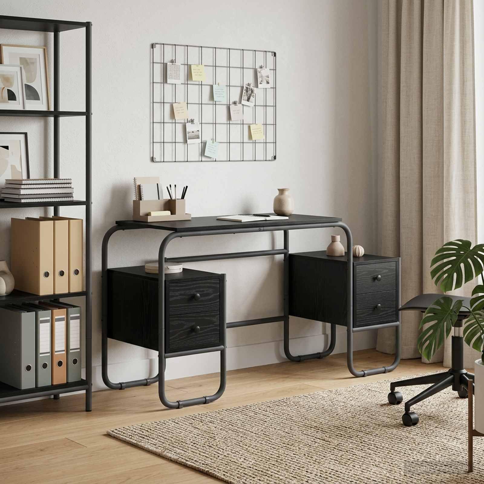 Scrivania con cassetti, colore nero, effetto rovere, 145 x