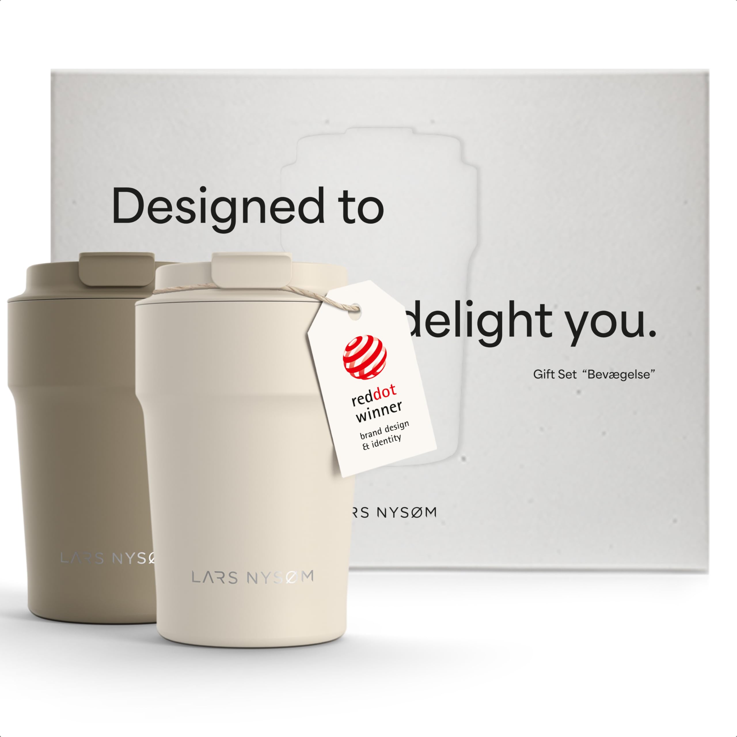 LARS NYSØM Thermo Coffee Mug to go Gift Set - 2 x 380ml Thermo Mugs for Coffee to-go & Tea - The Leak-Proof Mug Gift Set Comes in an Attractive Box (Brown/Beige, 380ml)