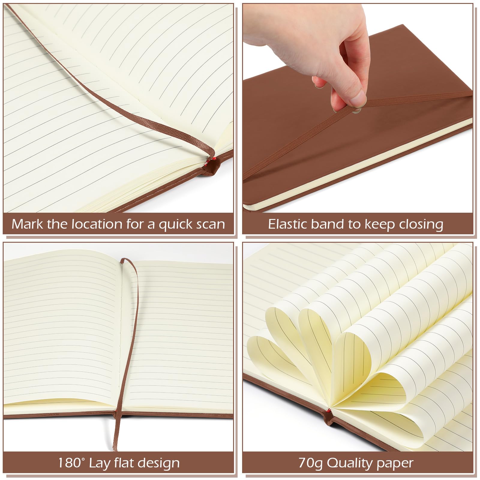 Honoson Lot de 20 carnets de notes lignés A5 à couverture rigide de 14 x 21 cm avec bande élastique pour la maison, le bureau, l'école (marron)