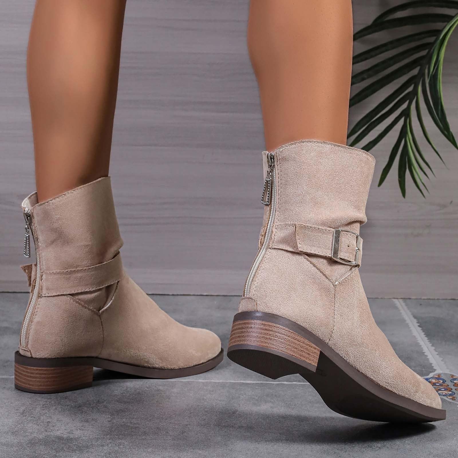 Stivali corti da donna eleganti con tacco corto, in pelle scamosciata, stivaletti da donna Chelsea, comodi stivali western con fibbie, stivali da equitazione retrò a punta