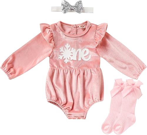 GRNSHTS Ropa de terciopelo para el primer cumpleaños para niña, mameluco de manga larga + diadema, 2 piezas para pastel