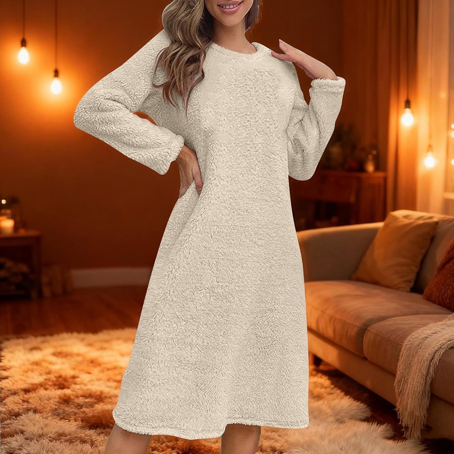 Women Fuzzy Nightgown Casual Long Sleeve Crewneck Pullover Flannel Midi Dress Solid Color Loose Fit Comfy Sleepwear