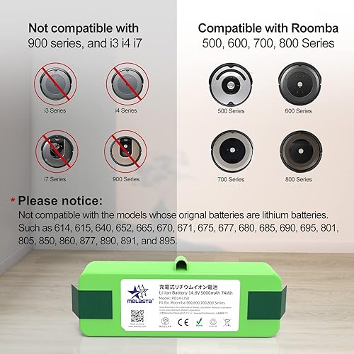 Miniatura 2 de melasta Reemplazo de batería de iones de litio de 5000 mAh compatible con iRobot Roomba 500 600 700 800 Series 880 890 861 864 866 675 650 655 695
