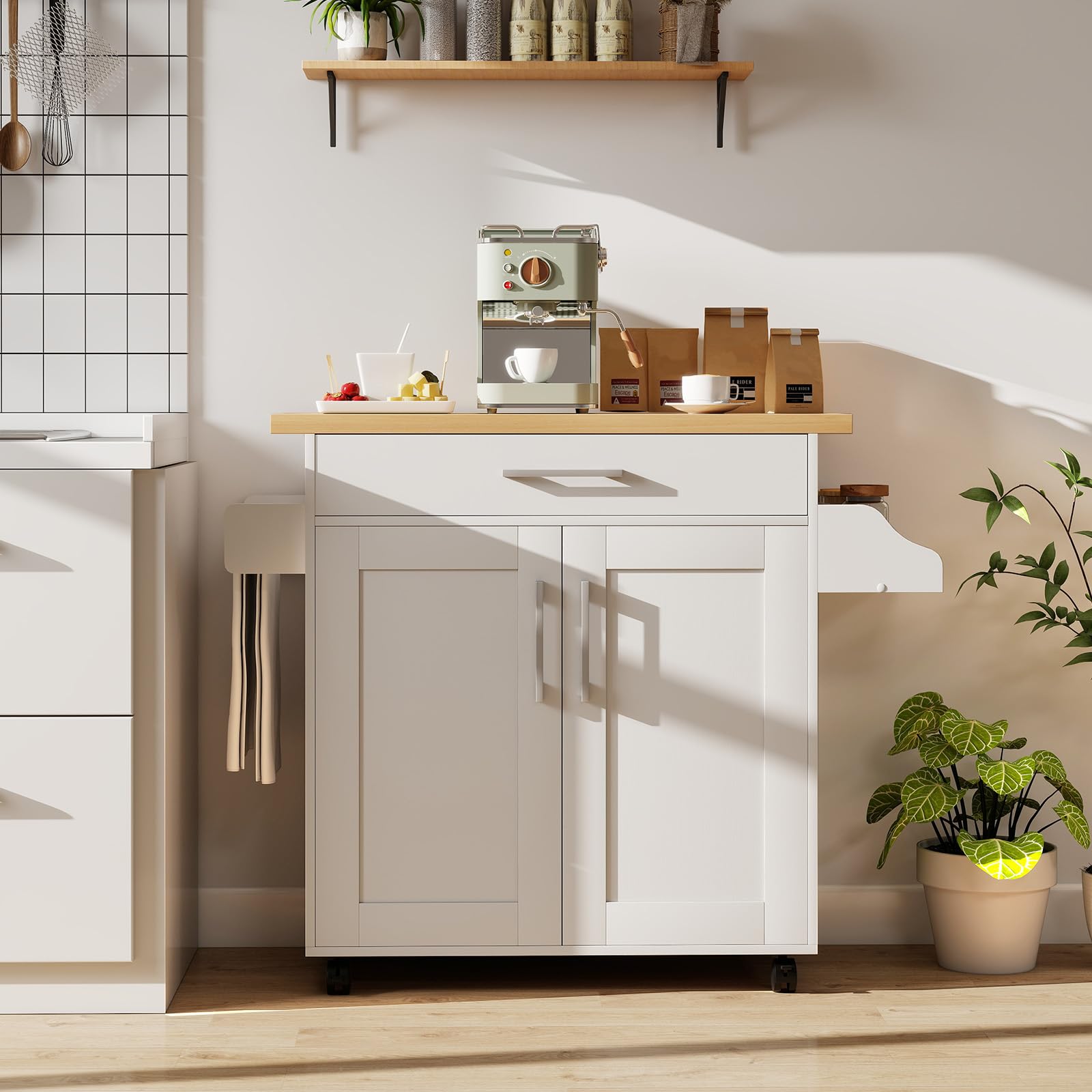 COSTWAY Carrello da Cucina, Credenza Salvaspazio con Cassetto, Ripiano Regolabile, Portaspezie, Portasciugamani e Ruote, Mobile da Cucina per Sala da Pranzo e Soggiorno, 111 × 40 × 90 cm (Bianco)