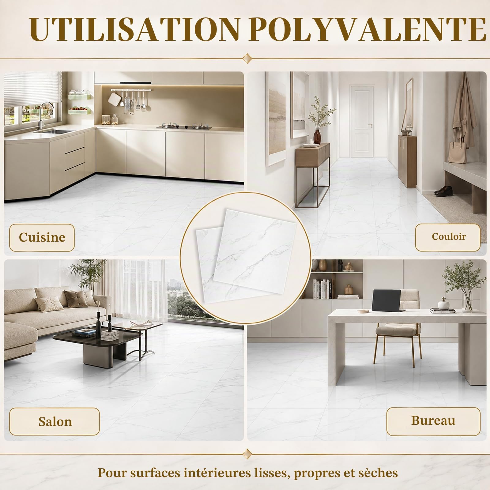 CYEER 40 Dalles PVC Adhésives Sol 30x30cm, Sol Vinyle Autocollant Effet Marbre Blanc, Revêtement de Sol Imperméable et Épais pour Cuisine, Salle de Bain et Salon, Kit de Rénovation DIY 3,6 m²