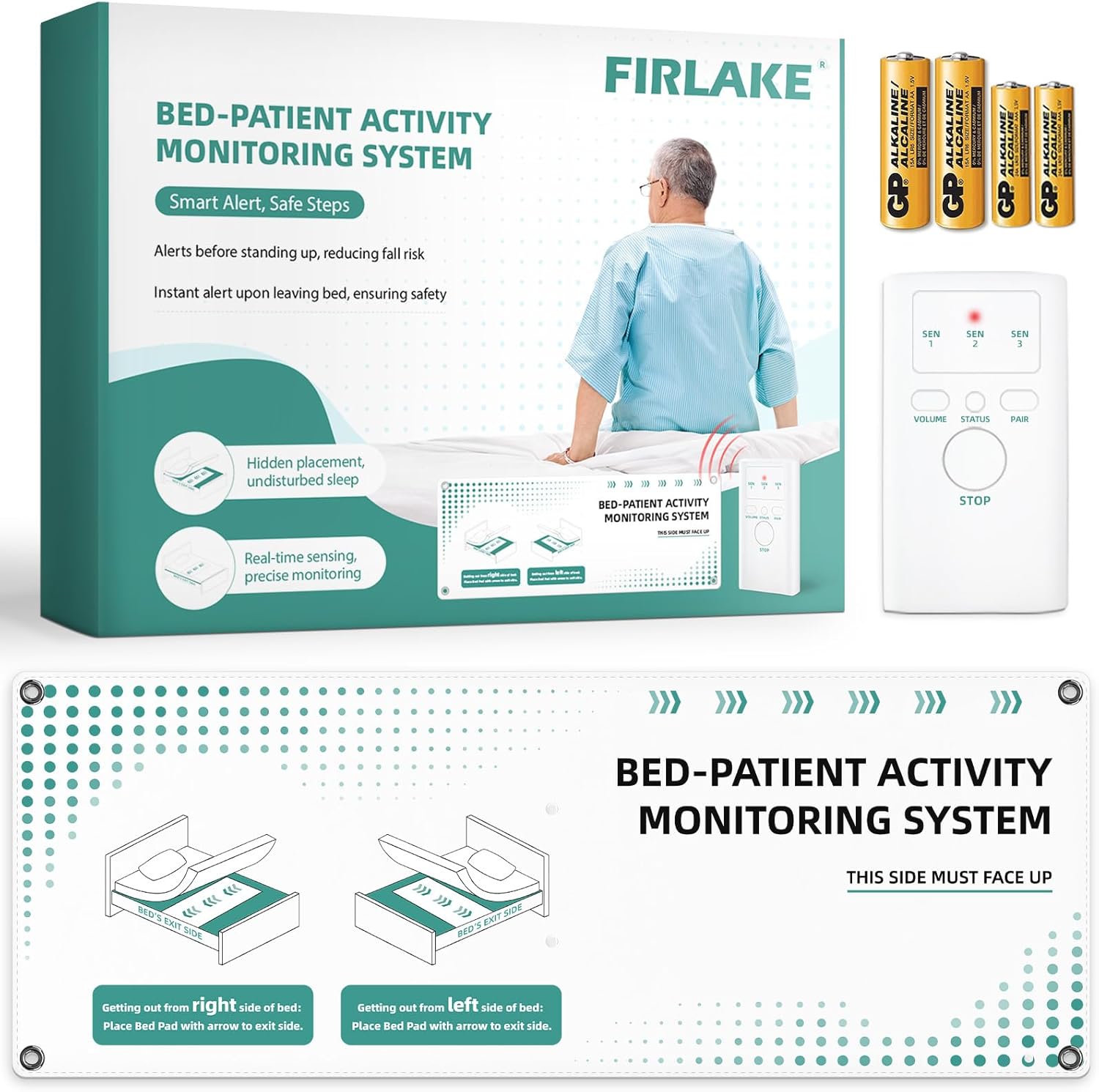 Wireless Bed Alarm for Elderly - Fall Prevention Sensor Pad with Pager - Early & Exit Alert Modes for Dementia Patients - Under Mattress Support, Replaceable Battery