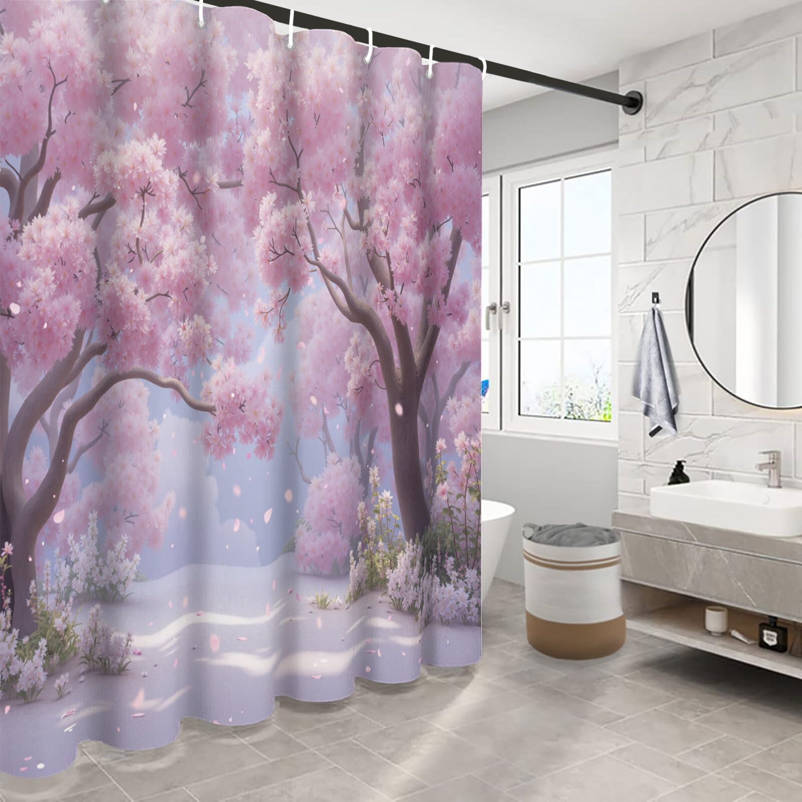 Rideau Douche,Rideau Baignoire Lavable en Machine Rideaux Douche Tissus Lavable Rideau De Baignoire Lavable pour Salle De Bain Domicile Baignoire Famille,Forêt De Cerisiers en Fleurs,