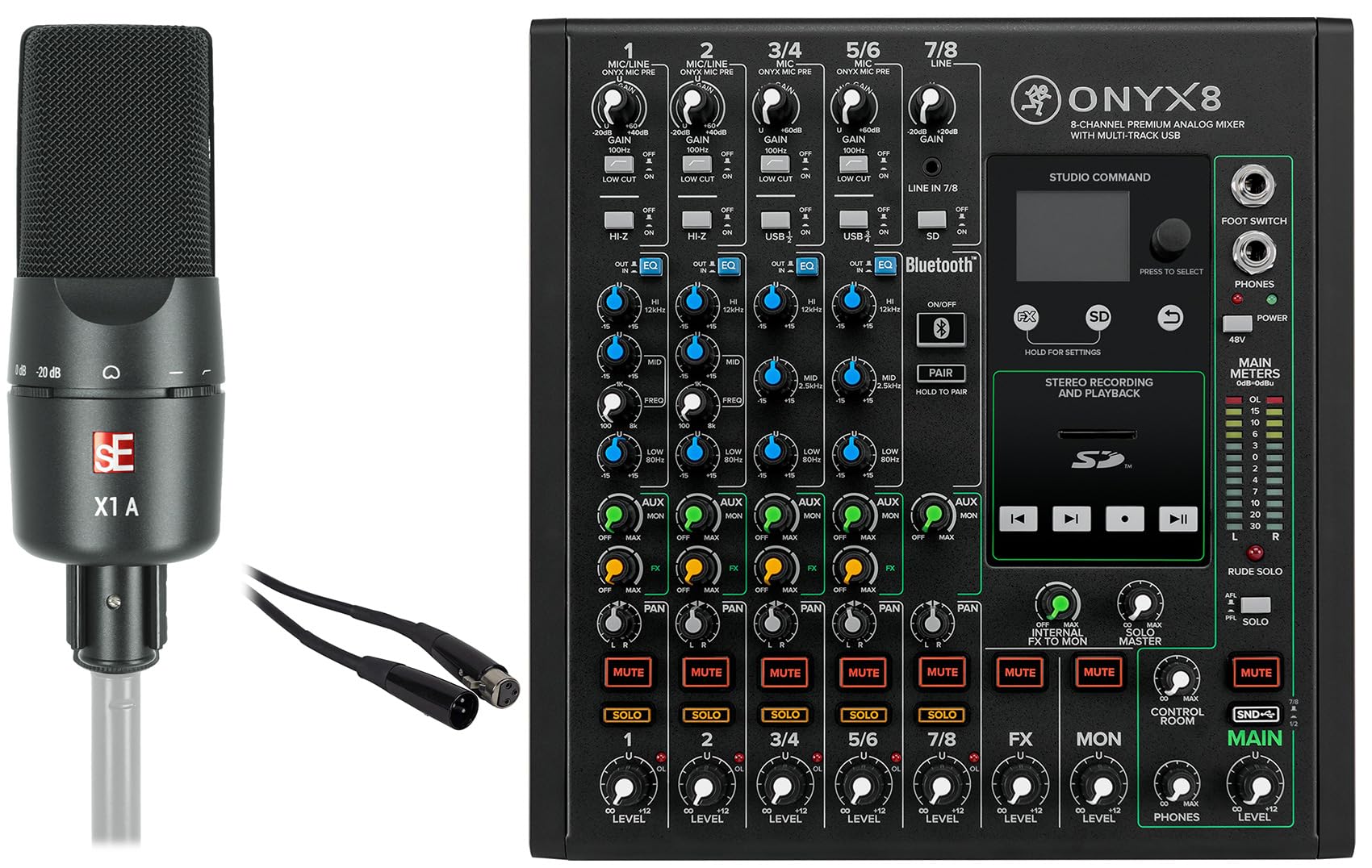Audiosavings Bundle: Mackie ONYX8 8-Channel Analog Mixer w/USB/Bluetooth Bundle with Se Electronics X1 A Recording Condenser Microphone+Mic Clip & Rockville RCXFM20E-B 20Ft XLR Mic Cable (3 Items)