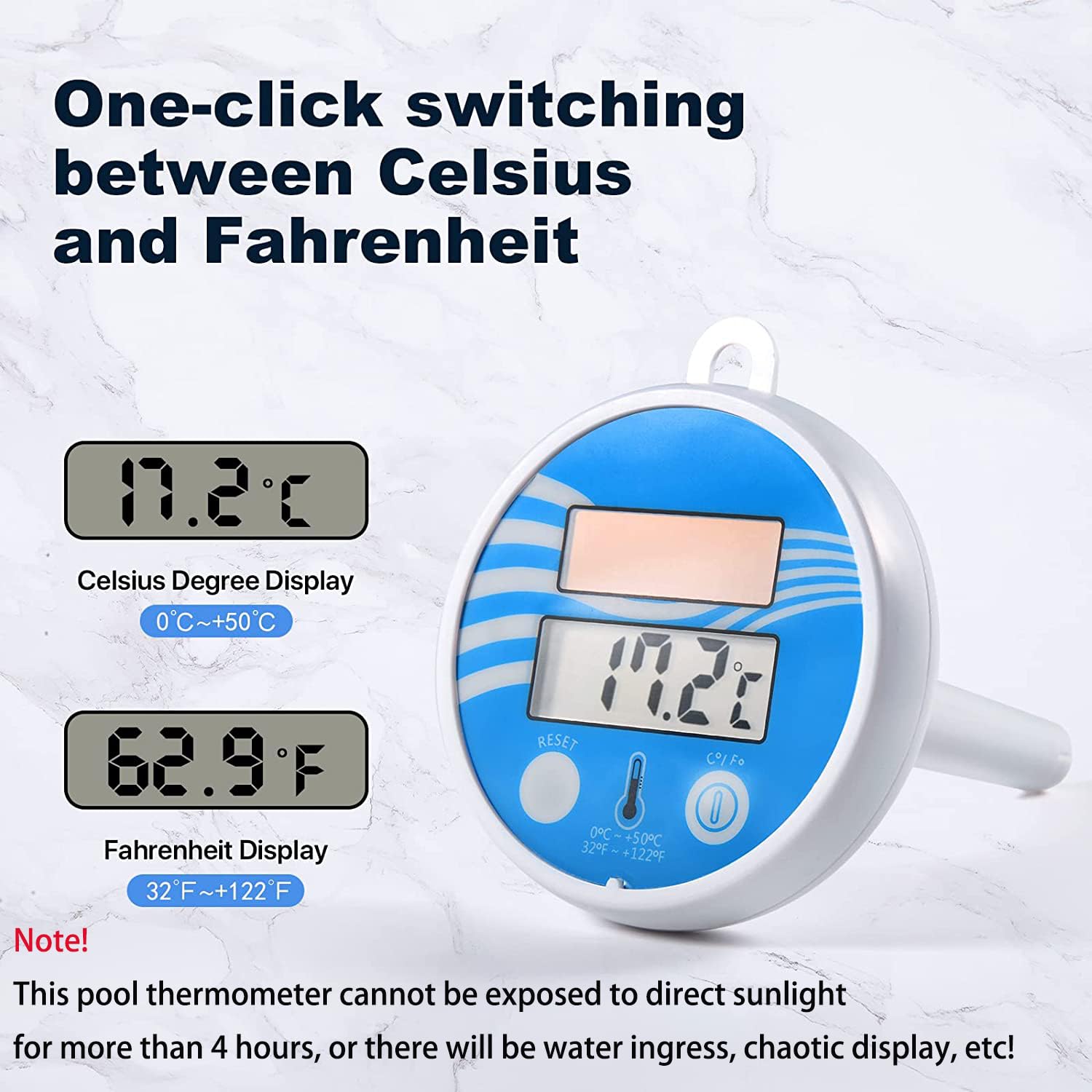 Solar Pool Thermometer, Solarbetriebenes Schwimmendes Wasserthermometer mit Großem LCD-Display, Gut Ablesbar, Wasserdicht für Schwimmbäder, Whirlpools, Spas und Eisbäder