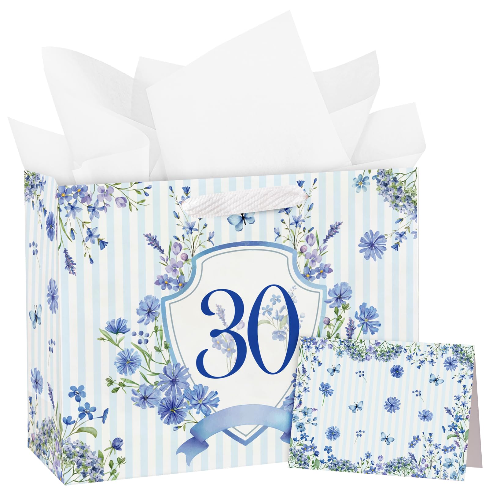 Loveinside 13" Large 30th Birthday Gift Bag with Card and Tissue Paper - Blue Stripe Floral Badge Paper Bags for 30 Year Old Birthday and Keepsake Party