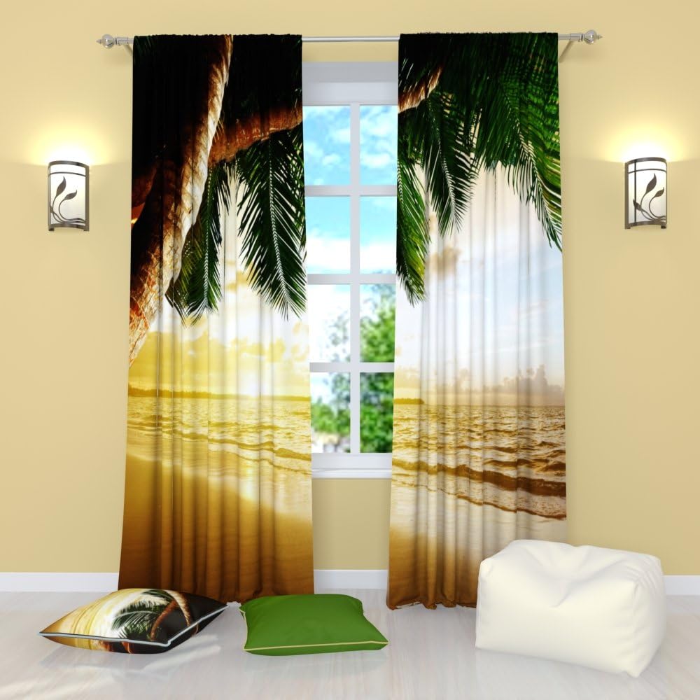 Factory4me Beach Curtains, Amazing Sunrise Ocean Palm Tree Print, Rod Pocket Room Darkening Drapes 84 inches Long, Orange Nature Curtains for Bedroom Living Room Kitchen Dining Room Home Office