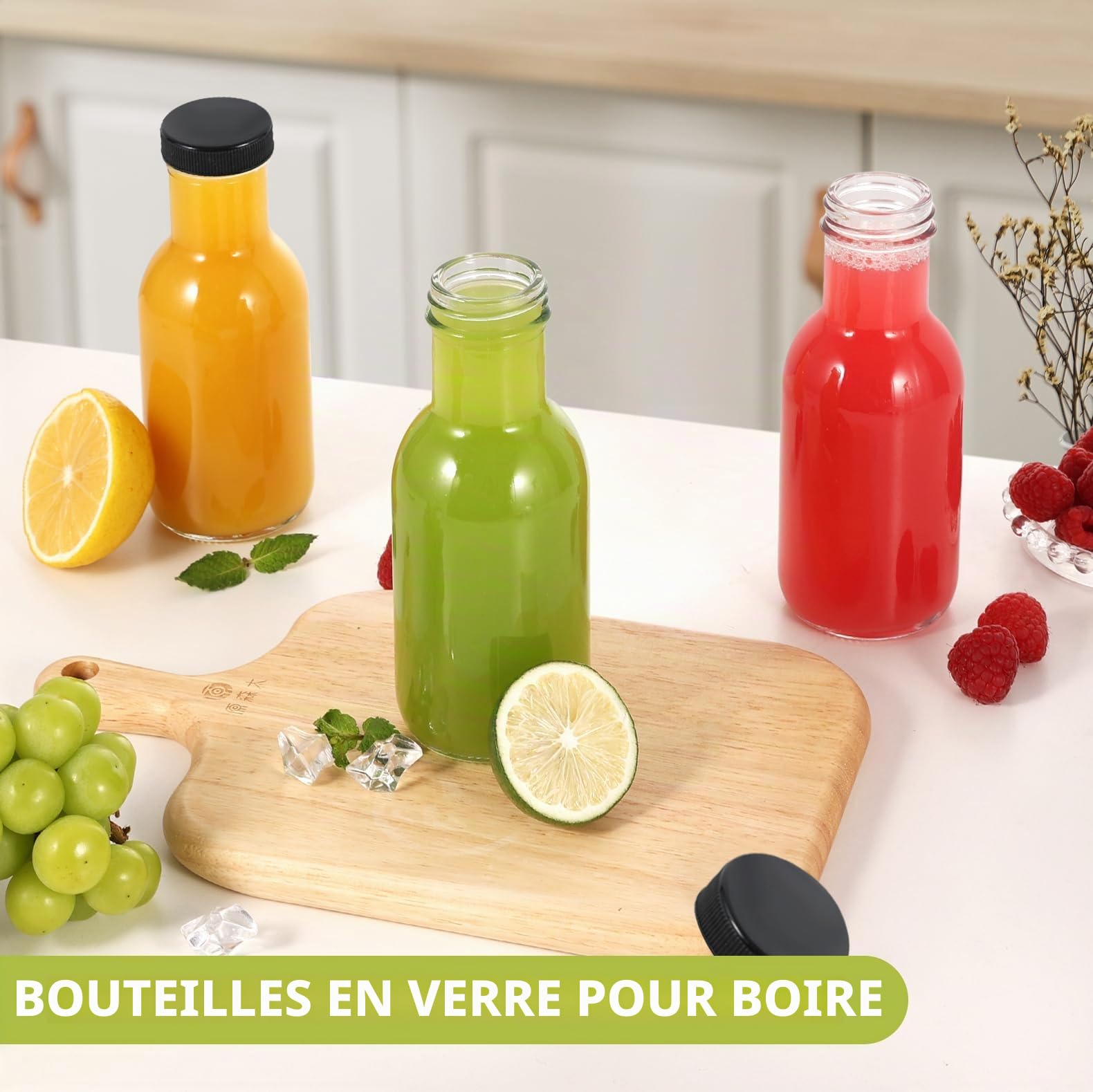 Limili Lot de 4 bouteilles de jus réutilisables 250 ml avec couvercles, bouteilles en verre transparent pour boissons faites maison, pique-niques, voyages, école