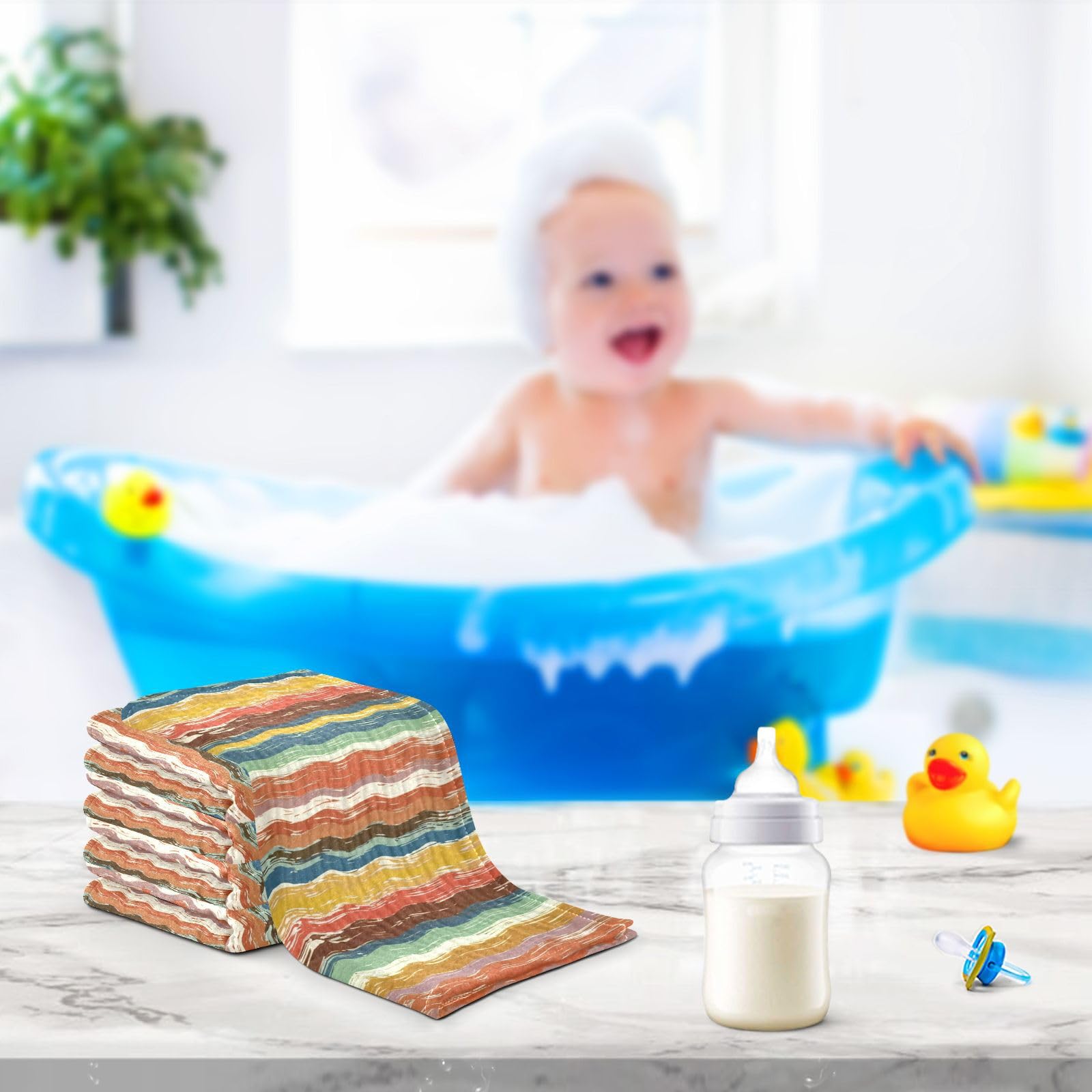 Nander 5Pack Baby Muslin Washcloths,Colorful Stripes Soft Face Cloths for Newborn, Absorbent Bath Wash Cloths, Wipes, Burp Rag,Toddlers Essentials Stuff, Baby Registry as Shower