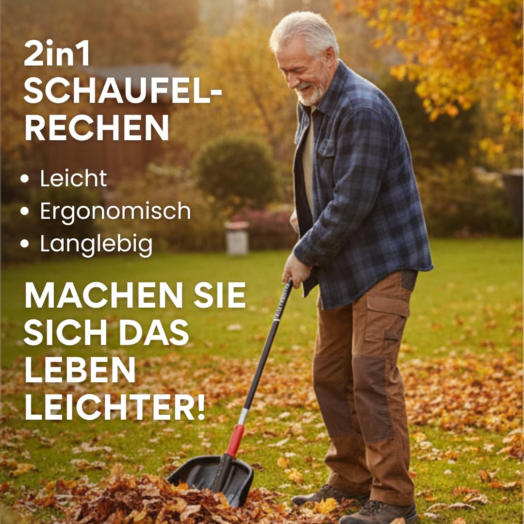 Pala rastrello 2 in 1, attrezzi da giardino, paletta da giardino, raccoglifoglie con manico in alluminio, lunghezza totale 149 cm, per raccogliere foglie e rifiuti da giardino, per laghetto e cortile