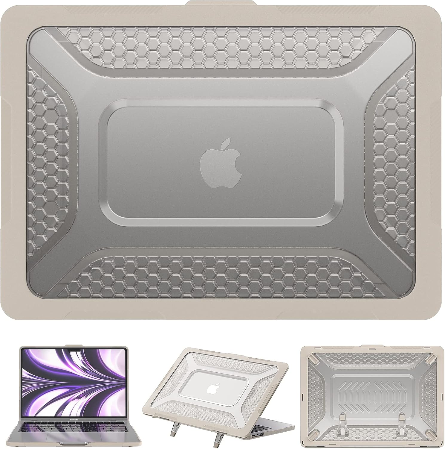 KEROM Heavy Duty Rugged Case for MacBook Air 13 inch 2026 M5, 2022-2025 M4/M3/M2 A3449 A3240 A3113 A2681, Honeycomb Design TPU Bumper Protective Hardshell Case with Kickstand & Keyboard Cover, Beige