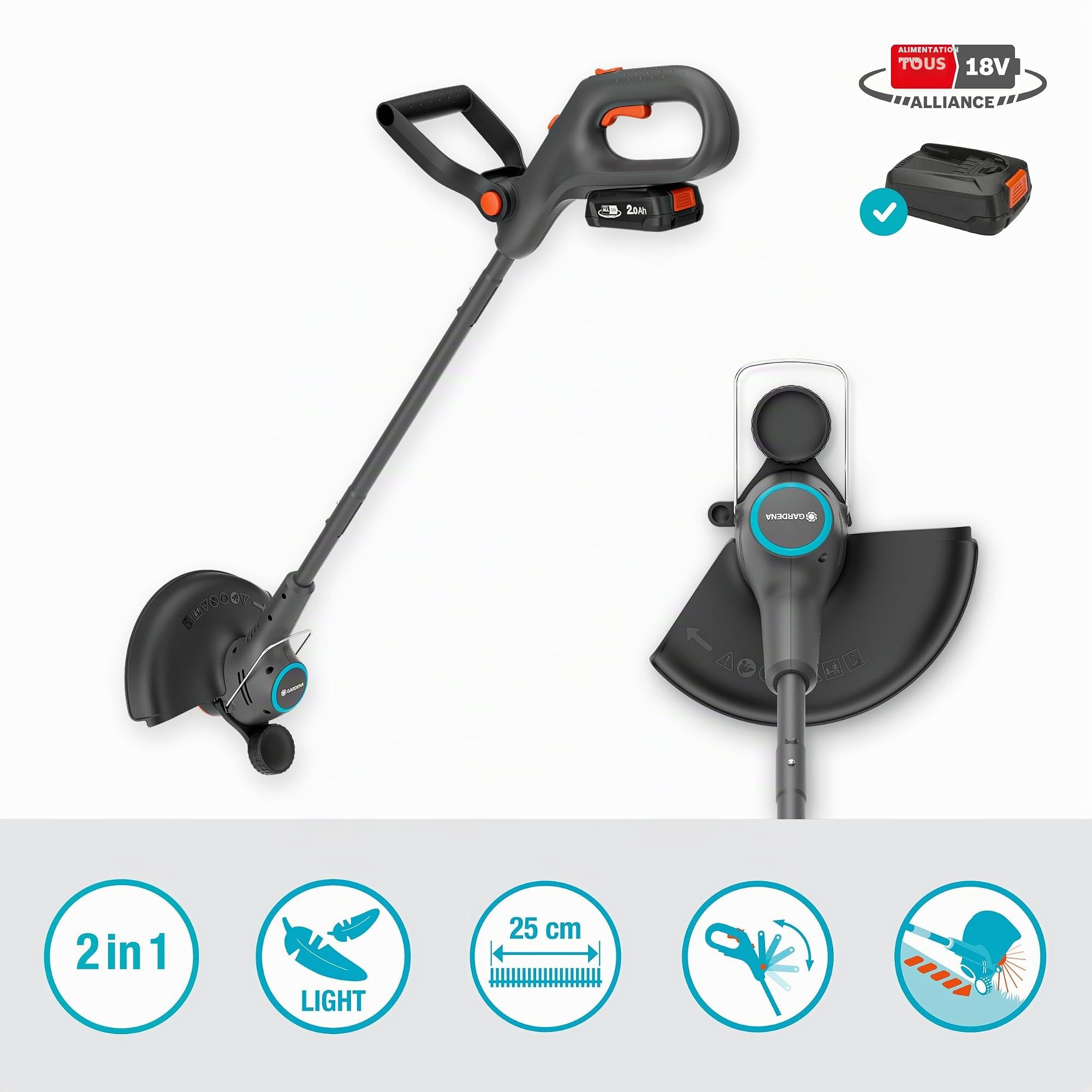 Gardena Coupe-Bordures sur Batterie EasyTrim 25/18V P4A - Kit prêt à l’Emploi: Léger, Mode Coupe et Bordures, Télescopique, Ergonomique, sans Fil (14704-20)