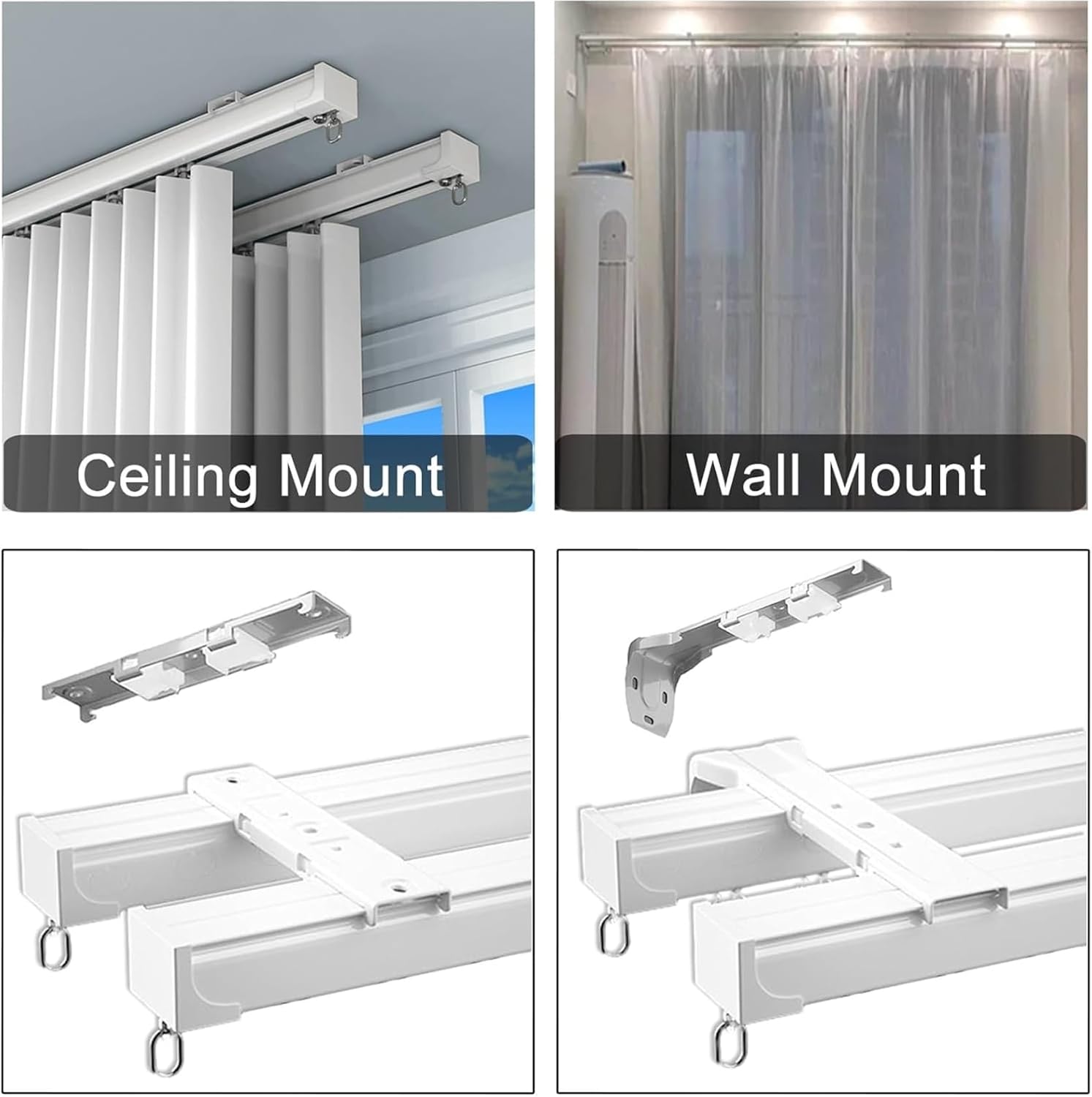 Wall/Ceiling Mount Double Curtain Track Rod Set, Heavy-Duty Slilent Aluminum Curtains Tracks, Aluminum Curtain Rails System for Home & Office, with Roller, Bracket