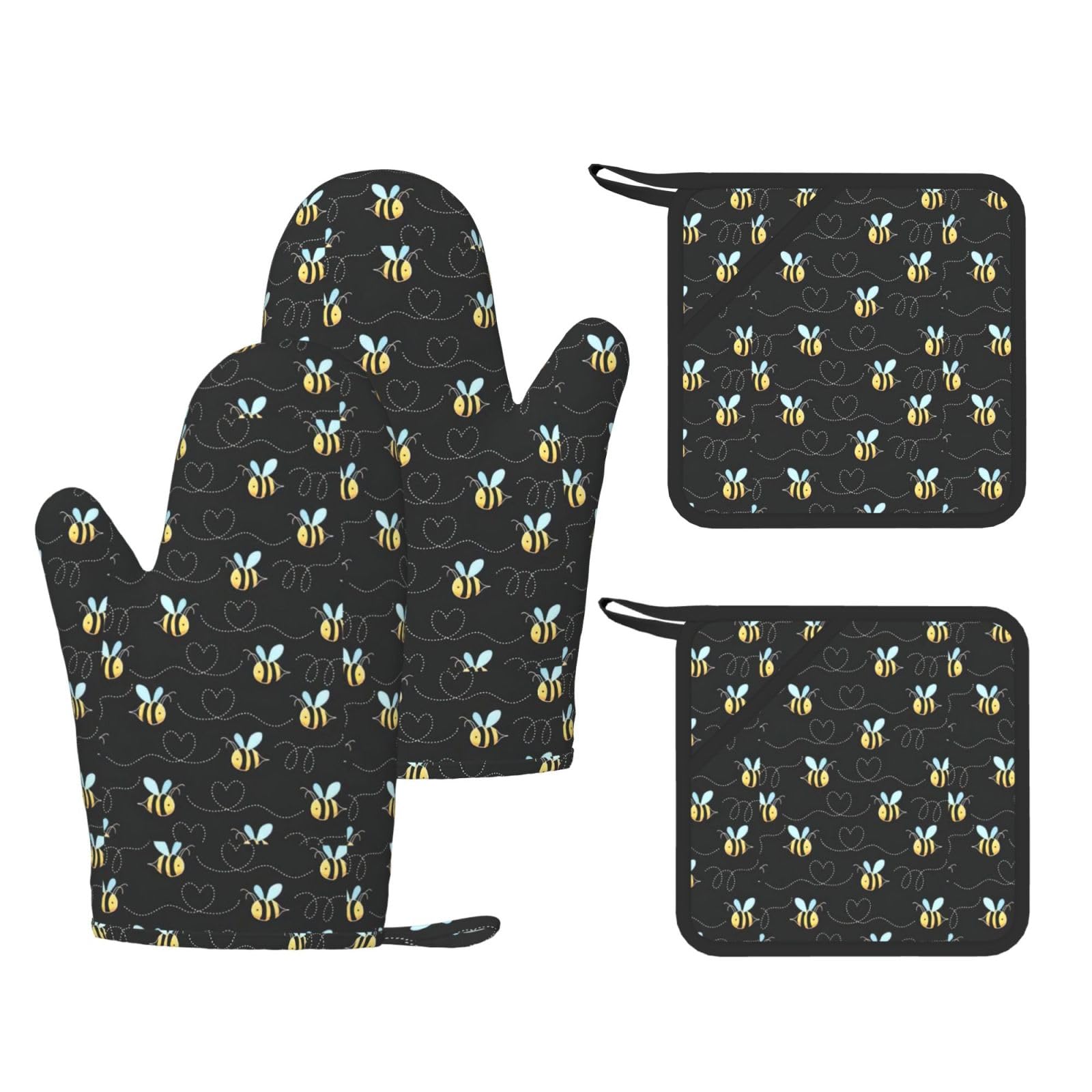Nimongt Black Bee Flying Print Heat Resistant Gloves Pads Reusable Kitchen Set Oven Baking Grilling Cooking
