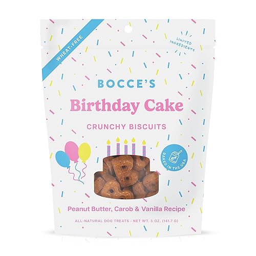 Bocce's Bakery Birthday Cake Treats for Dogs - Special Edition Wheat-Free Dog Treats, Made with Real Ingredients, Baked in The USA, All-Natural Peanut Butter Vanilla Biscuits, 5 oz - Birthday Cake