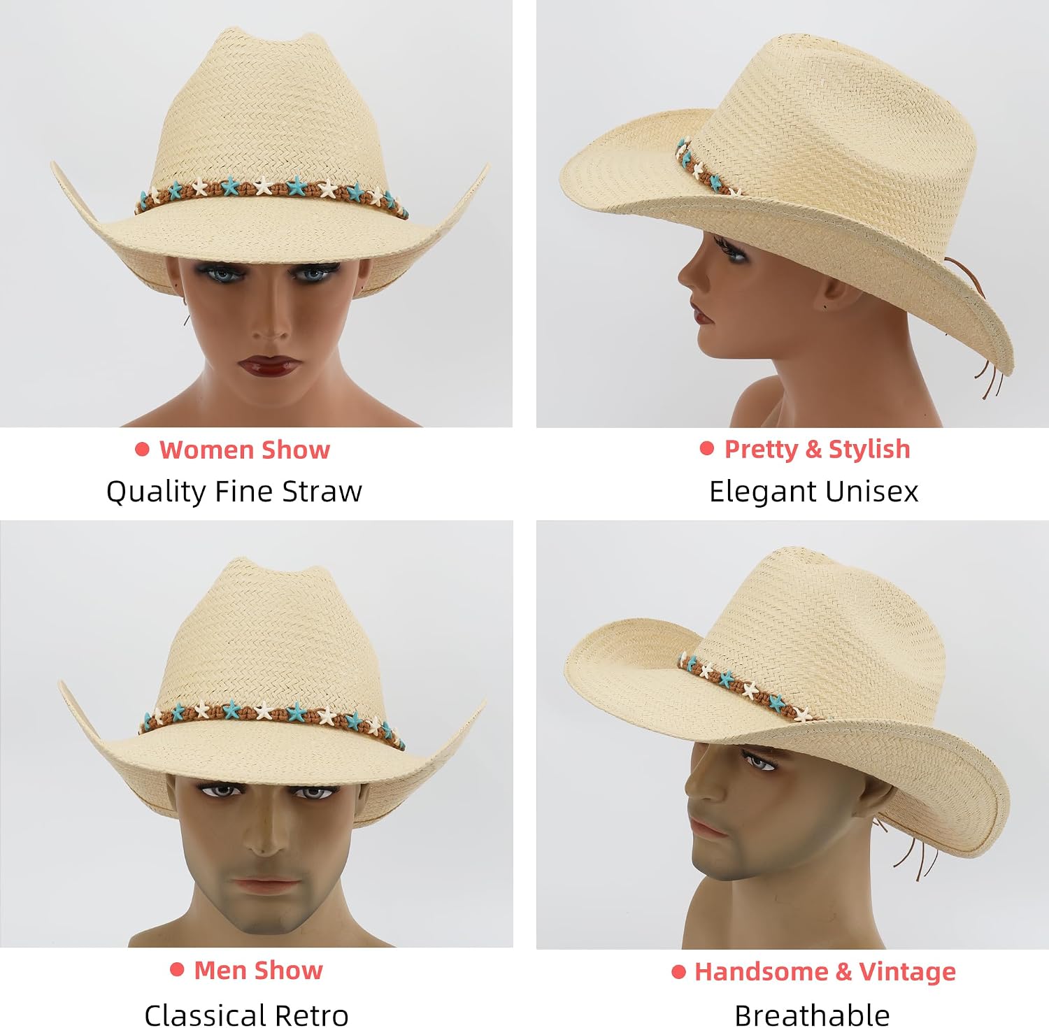 Cowboy Hat for Women, Western Cowgirl Hat, Classic Straw Cattleman Cowboy Hat