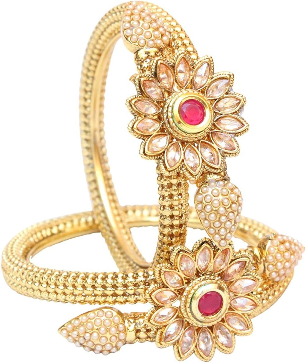 Indian Traditional gold plated Ruby Flower Design Bridal Polki bangle set women Wedding jewelry (2.8)