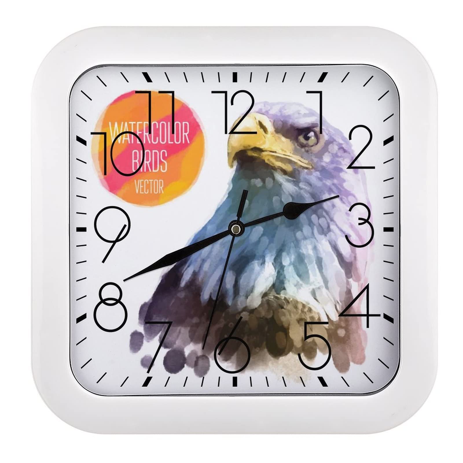 Horloge murale carrée oiseau aquarelle 26x26cm avec grands chiffres lisibles