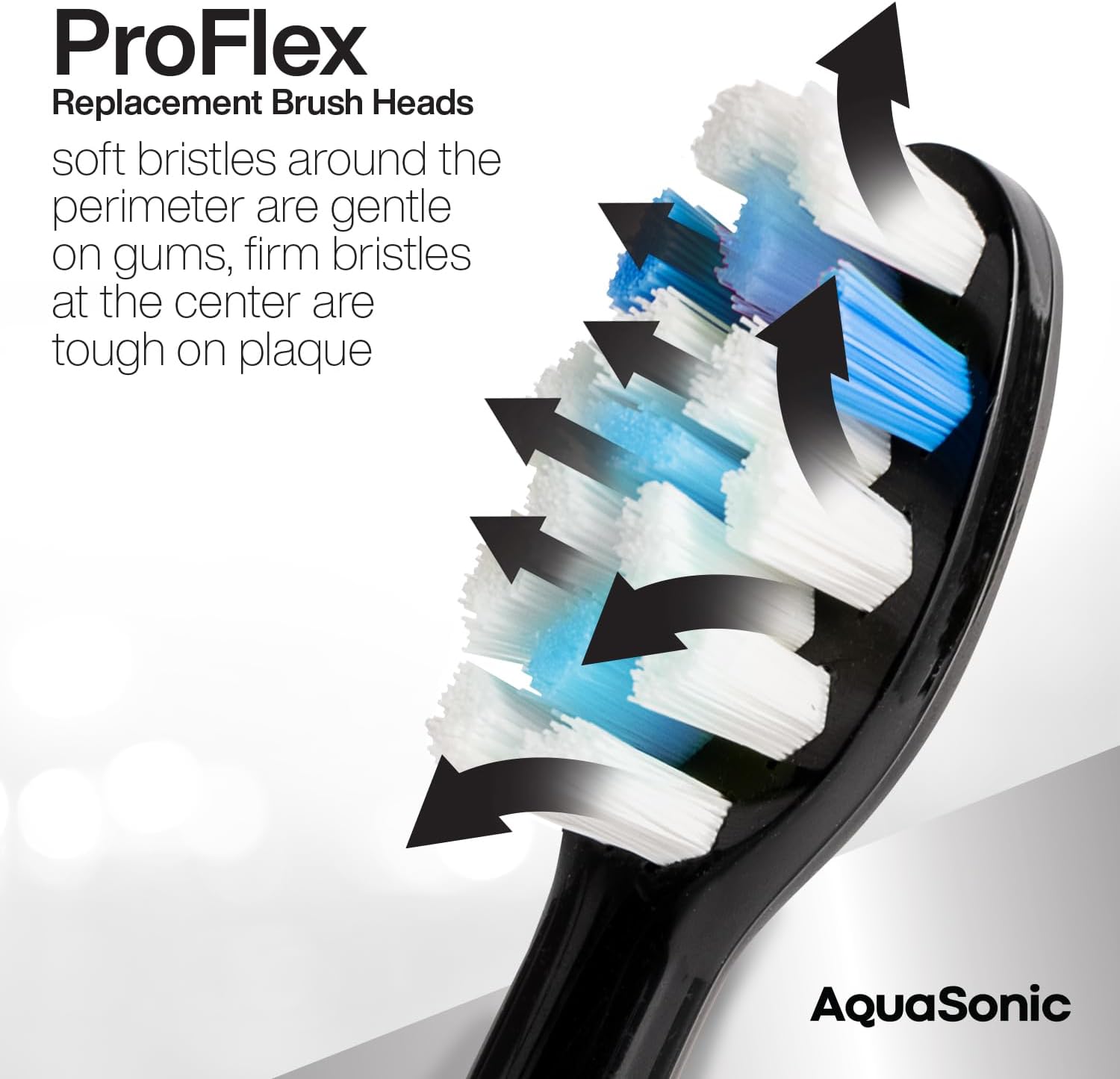 Close-up of AquaSonic Proflex brush head bristles, showing softer outer bristles and firmer inner bristles.