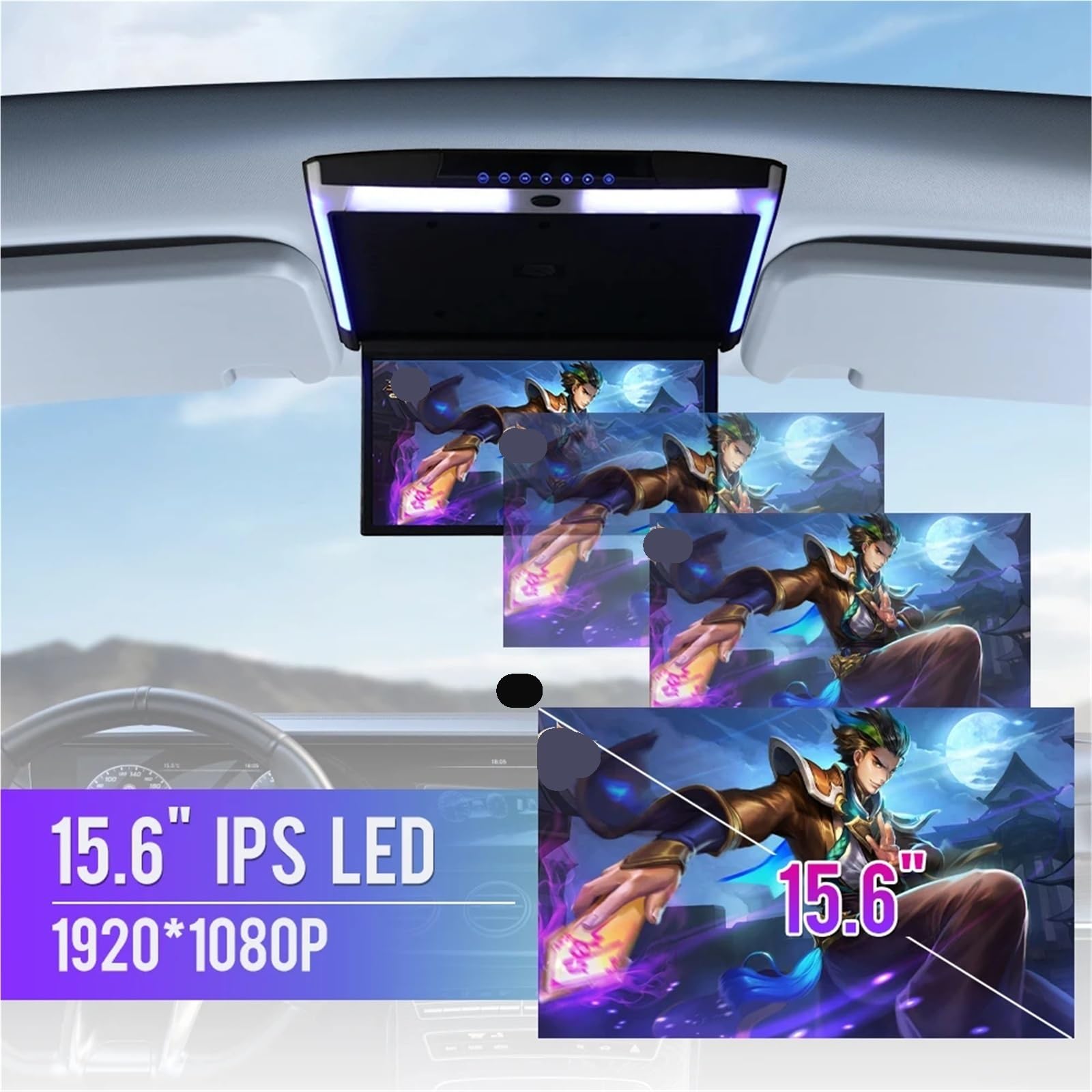 15.6 Inch Car Roof Monitor TV Flip Down 1080P Video HD Screen MP5 Player IPS Screen With Blue Ambient Light(Black)