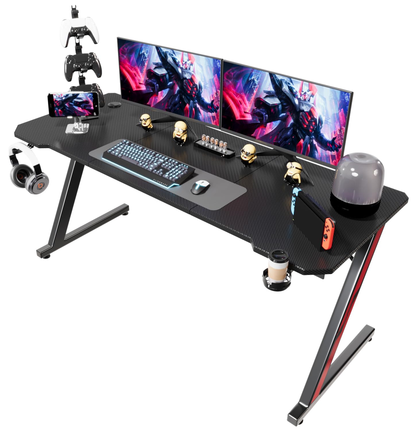 Homall 160 x 60 cm Scrivania Gaming Ergonomica, Tavolo con Piano del Tavolo in Fibra di Carbonio, Tavolo Gaming con Ganci per Cuffie, Nero