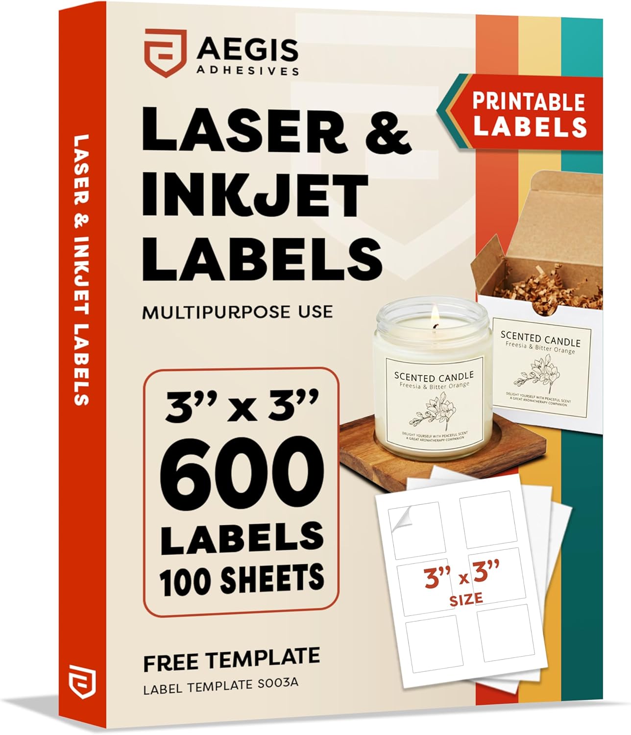 3" X 3" Square Printable Labels for Inkjet and Laser Printers - 500 Sheets, 3000 Matte White Custom Stickers for Business Logos, QR Code Stickers, Product Labeling - Aegis Adhesives Template S003A