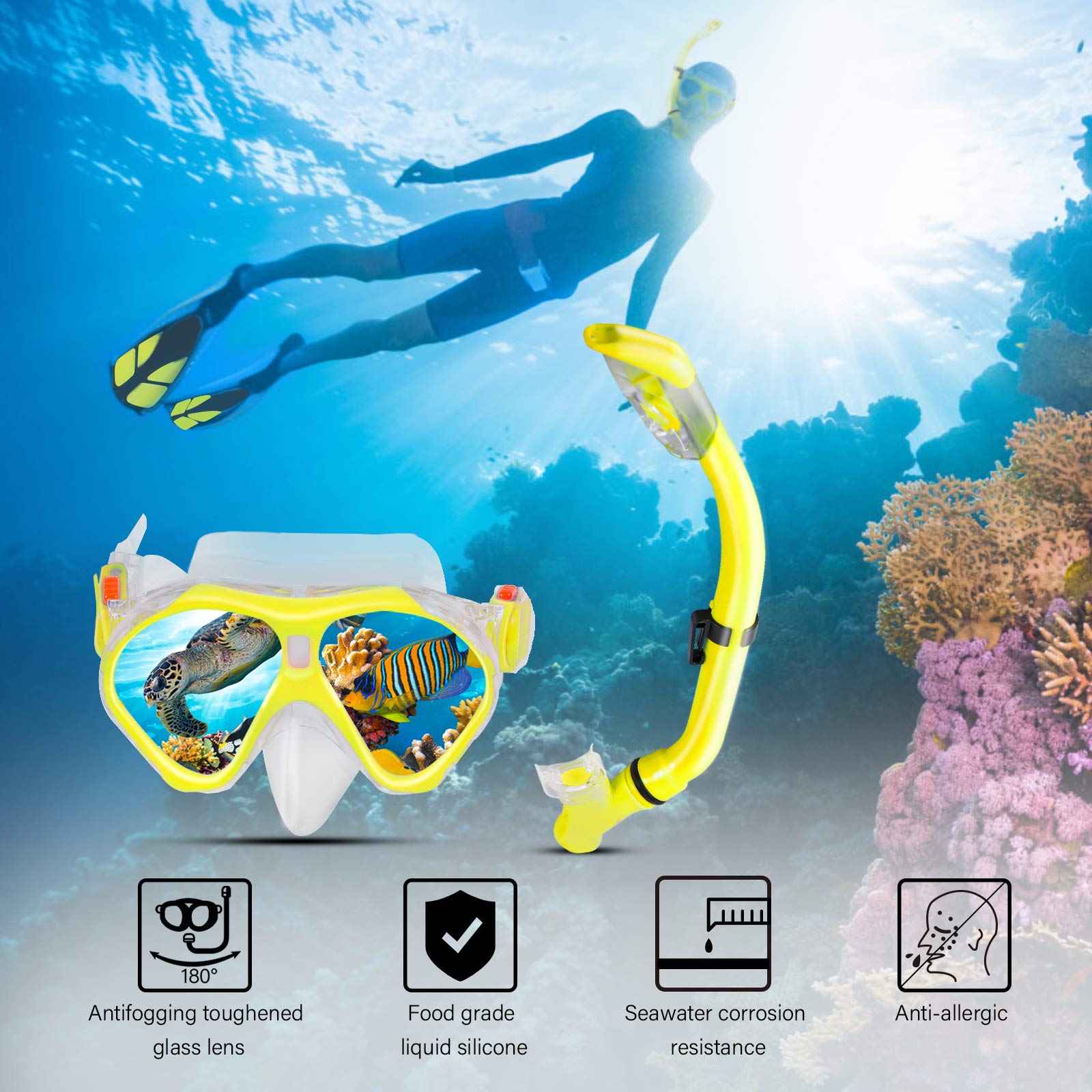Set da snorkeling per bambini con maschera e boccaglio + pinne regolabili + tubo da snorkeling + sacca da viaggio (giallo)