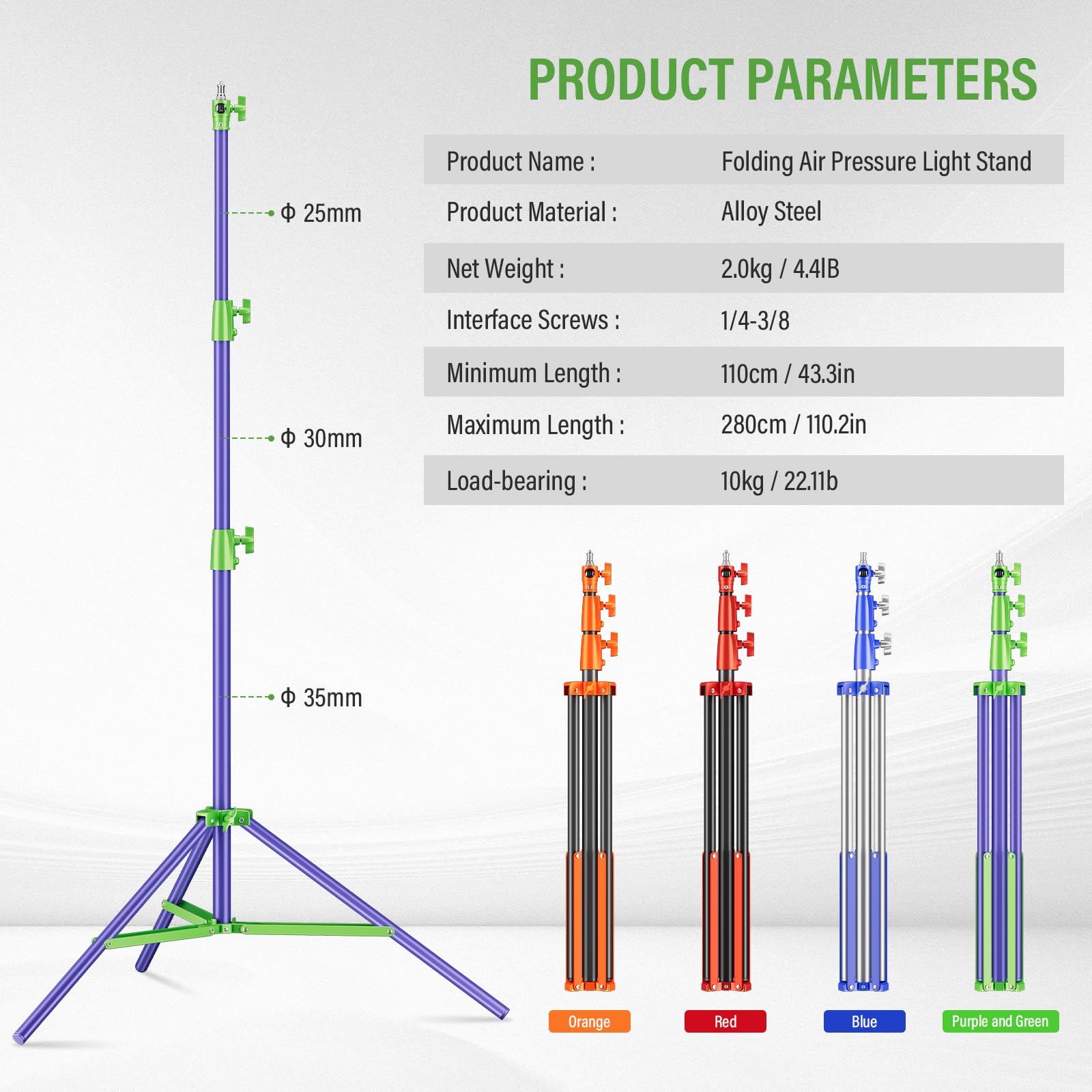 Soonpho Light Stand Pies Soporte Ligero de 280cm 9,1 Totalmente Metálico Amortiguador y Trípode Capacidad de Carga de 10kg para Fotografía en Exteriores y Retransmisiones en Directo (Morado&Verde)