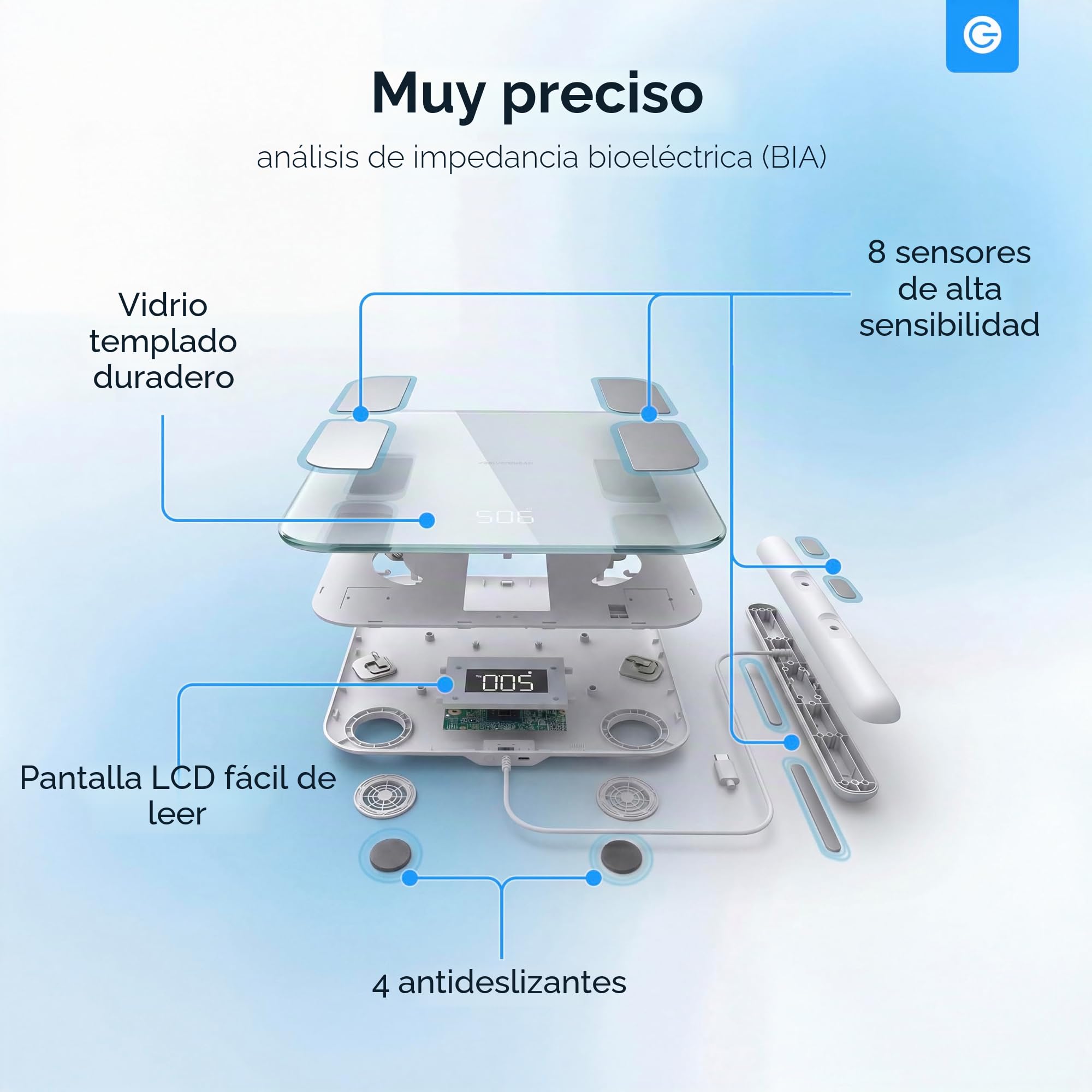 Silvergear® Báscula de Baño Intelligente con Mango | Bascula Grasa Corporal y Muscular | 8 Sensores | Masa Muscular, IMC, Peso Óseo, BMR, Frecuencia Cardíaca | con App | Blanco