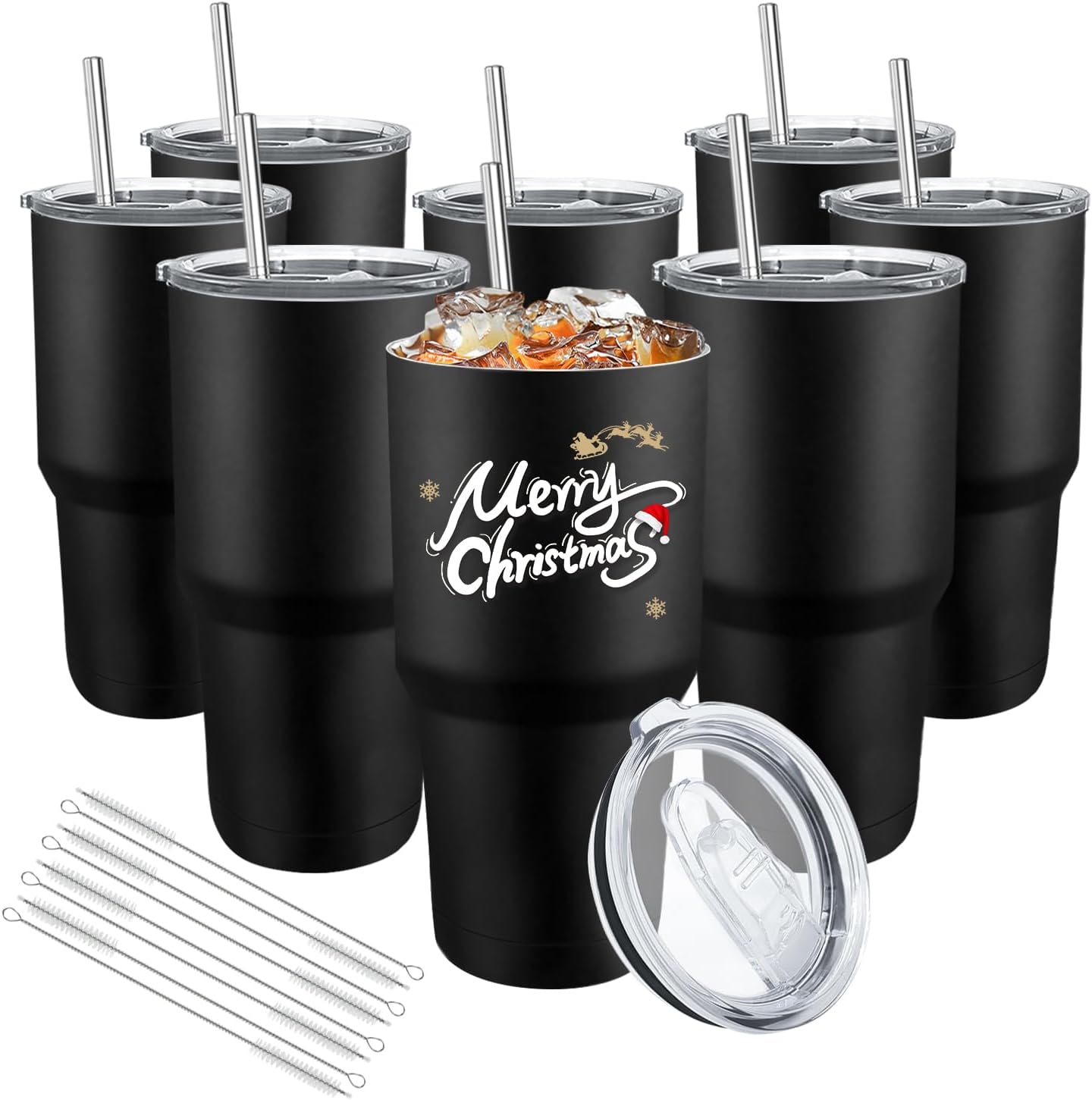 YOUKE OLA 8 Pack Insulated Tumbler with Lids and Straws Bulk Stainless Steel Double Wall Vacuum Insulated Coffee Travel Tumbler for DIY Gift (Black, 30oz)