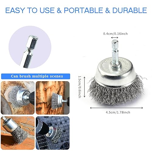 Miniatura 5 de Cepillo de alambre para juego de 7 piezas, rueda de alambre abrasivo para taladro vástago hexagonal de 14 pulgadas, cepillo de alambre para taladro,
