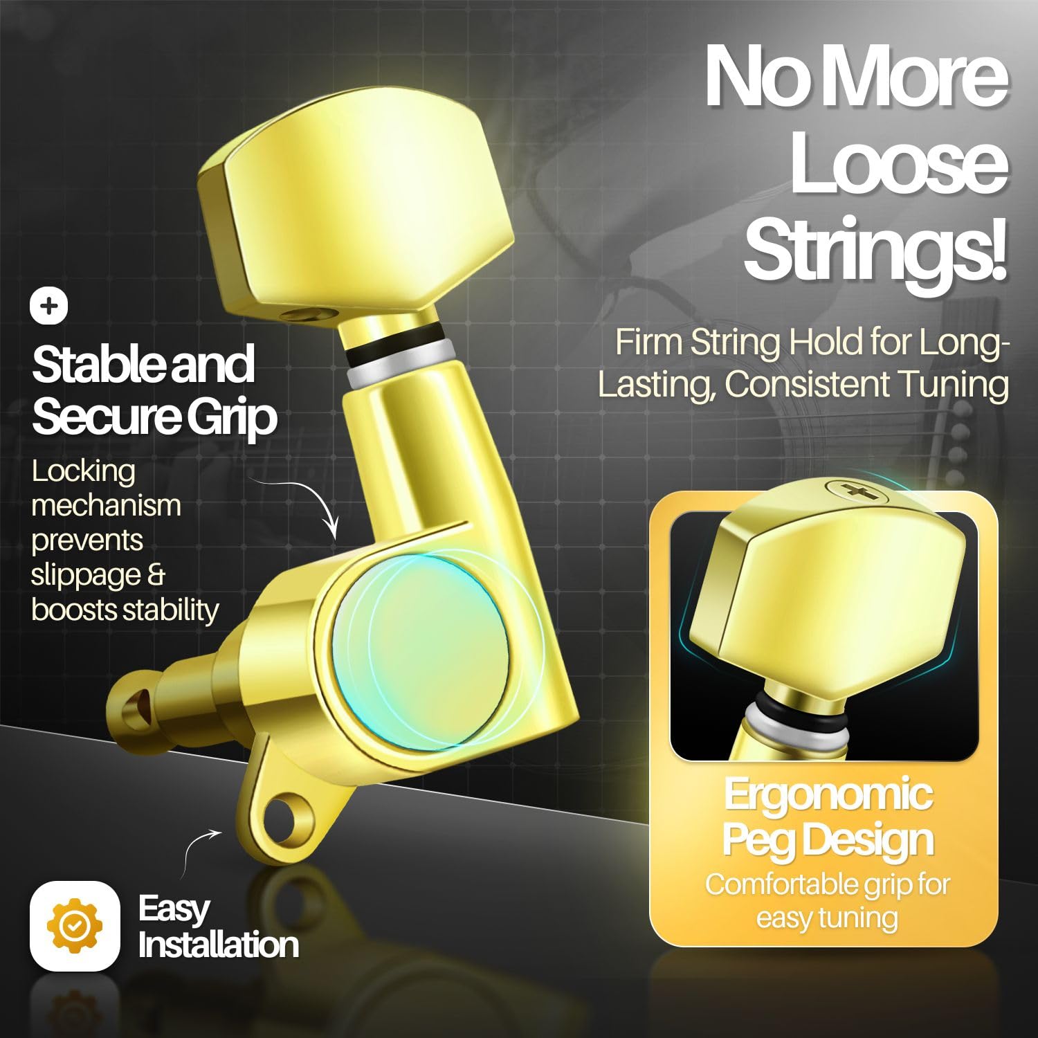 Flexzion Acoustic Guitar Tuning Pegs, 3x3 Chrome Finish Acoustic and Electric Guitar Tuner Pegs - Image 4