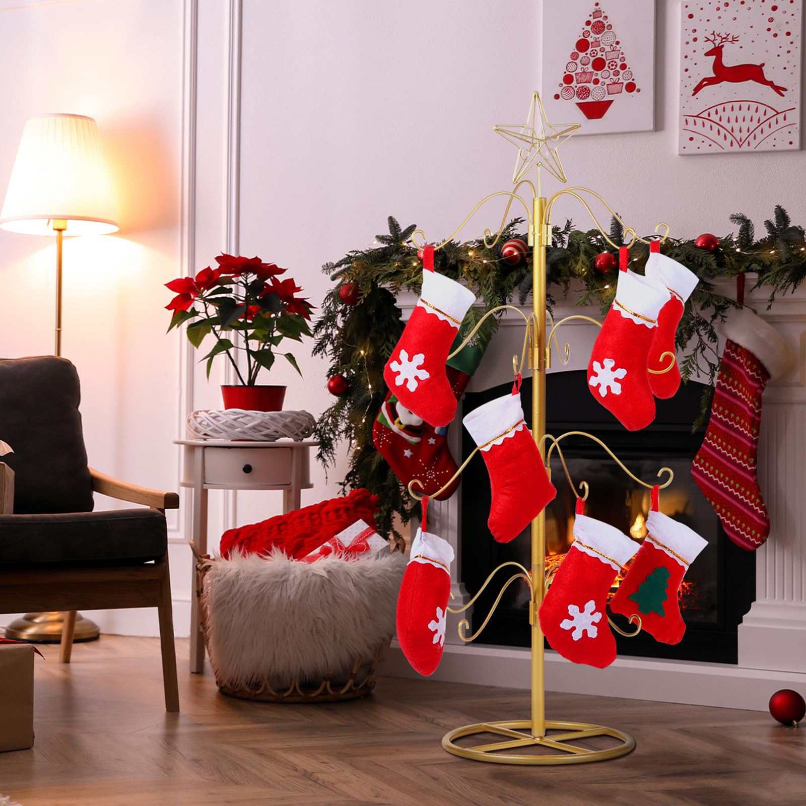 Blulu Support de sapin de Noël en métal de 99 cm avec crochet à suspendre pour décoration de Noël, vacances, fournitures de fête (doré)