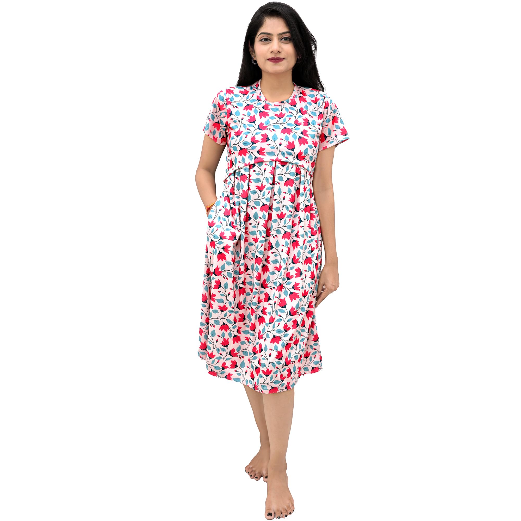 Zipless Maternity Dress for Women | Knitted Cotton Blend Printed Feeding Dress for Easy Nursing & Pregnancy | Maternity Wear for Women with Comfortable Fit & Stylish Design-image-34