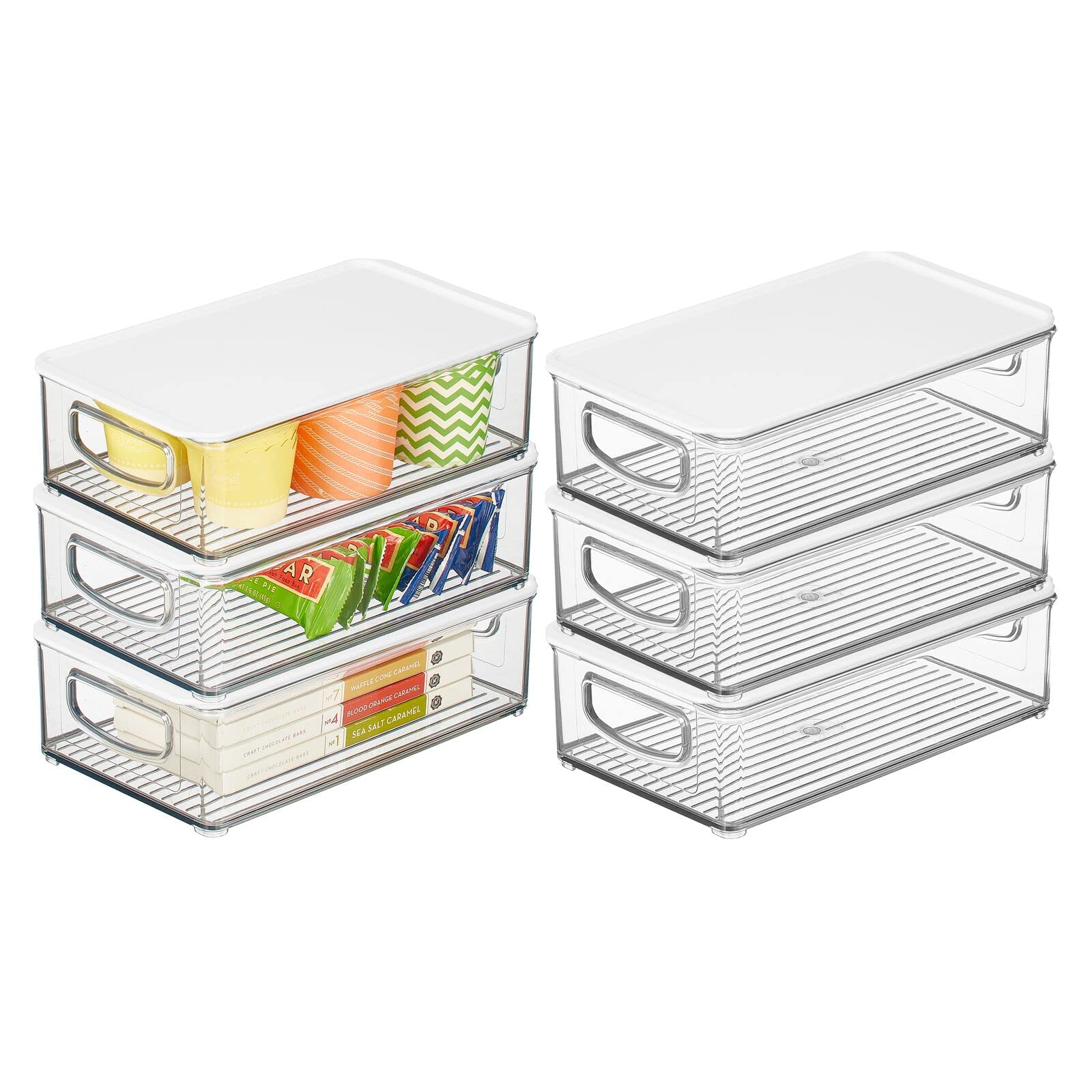Photo 1 of mDesign Plastic Stackable Slim Storage Bin Box with Lid/Handles for Kitchen, Pantry, Fridge/Freezer Organization, Holds Food, Fruit, Jars, Packets, Snacks, Ligne Collection, 6 Pack - Clear/White Clear/White 10.75 x 6.5 x 3.25