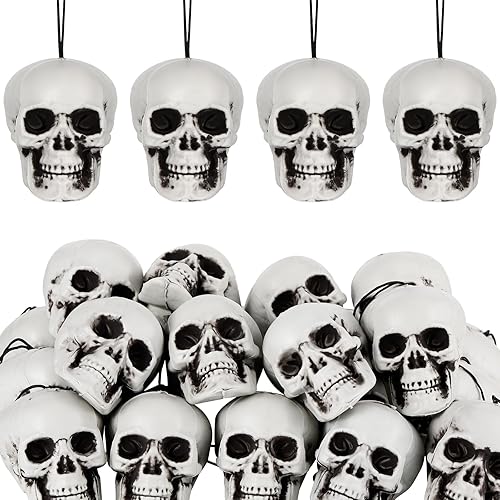 Lenwen 24 piezas de adorno colgante de calavera de Navidad de terror, decoración de plástico mini cabeza de calavera de Halloween, decoración de