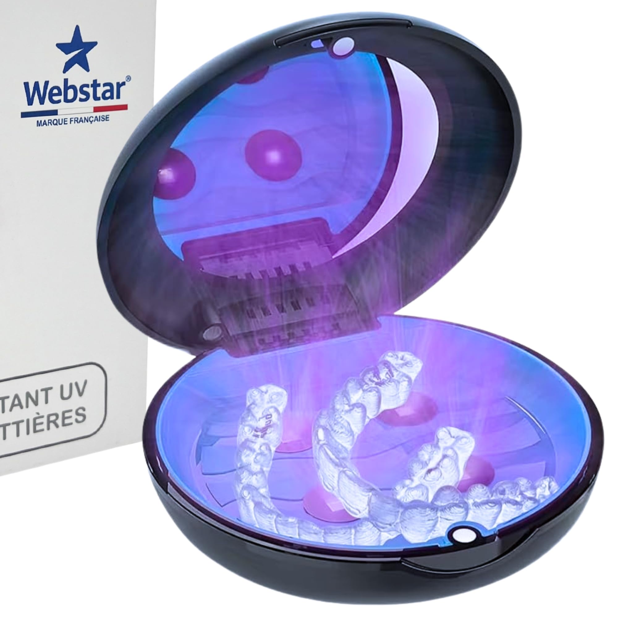 Webstar Tech® Etui UV pour Aligneurs | Elimine Virus Bactéries et Odeurs | Gouttières dentaires | Désinfectant UV appareils orthodontiques | Bac Aligneurs Invisalign | Boite Désinfectante Invisalign