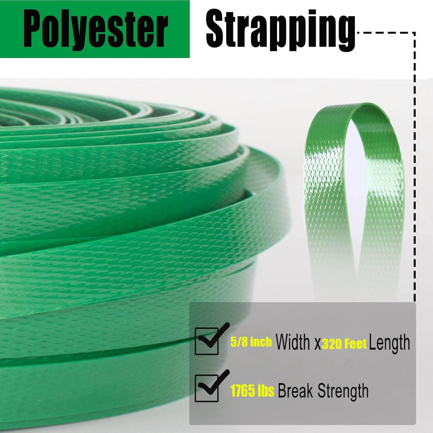 Packaging Smooth Green 5/8" x 320’ Polyester (PET) Strapping, 1765 lbs Break Strength, Green – UV, Water, and Rust Resistance – Affordable and Lightweight Poly Strapping