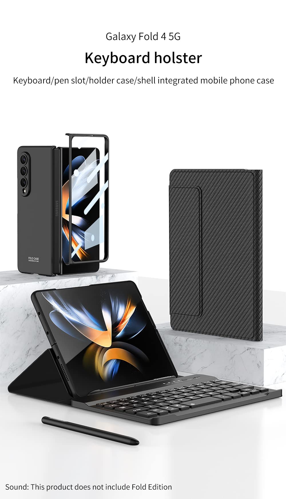 COQUE Funda para Samsung Galaxy Z Fold 4, Protector de Pantalla, Teclado, lápiz Capacitivo + Ranura para bolígrafo, Kit de Oficina, Funda Plegable para teléfono Samsung Galaxy Z Fold 4 5G, Fibra de